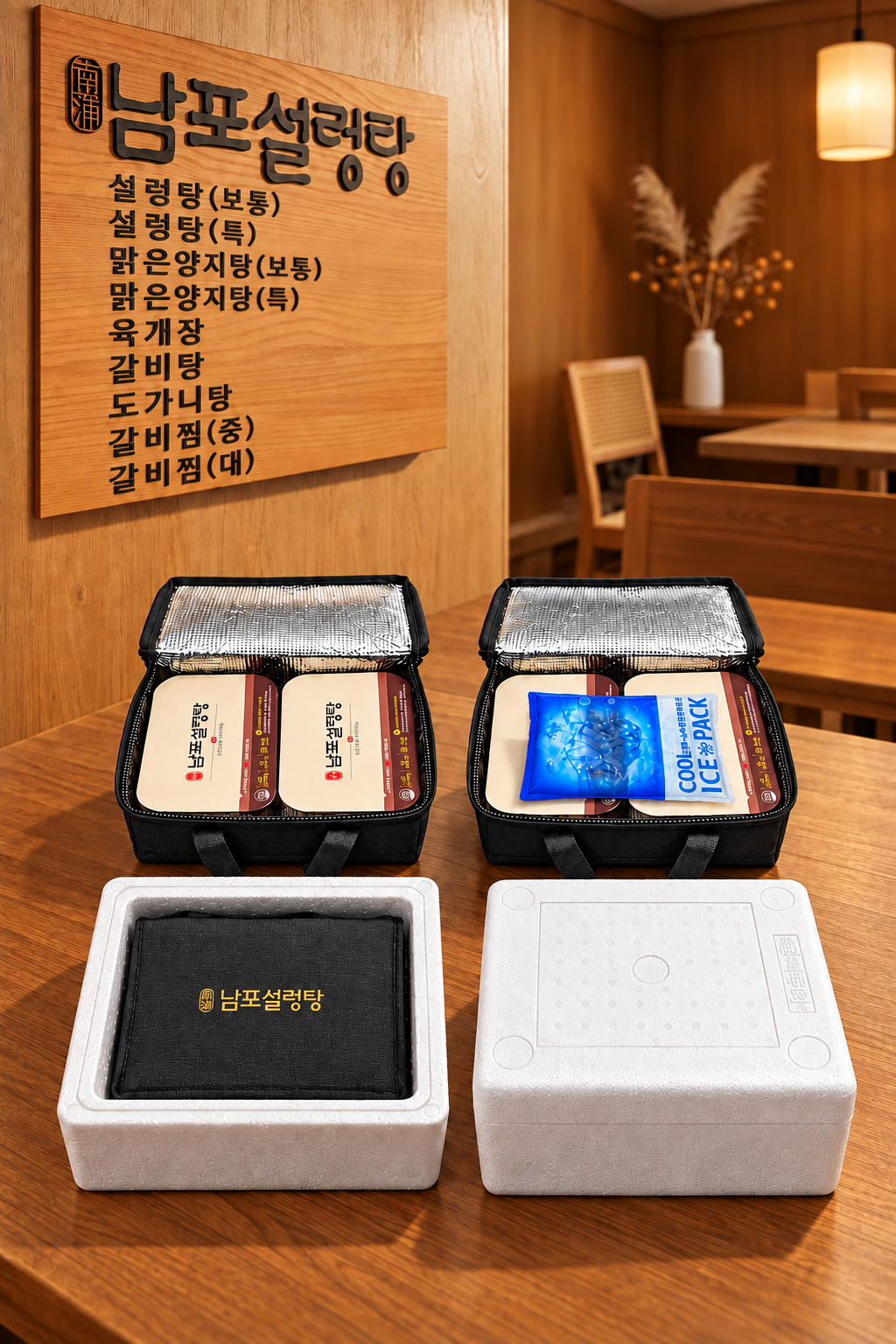 남포설렁탕 제품과 아이스팩, 보냉가방, 스티로폼 포장 구성 이미지